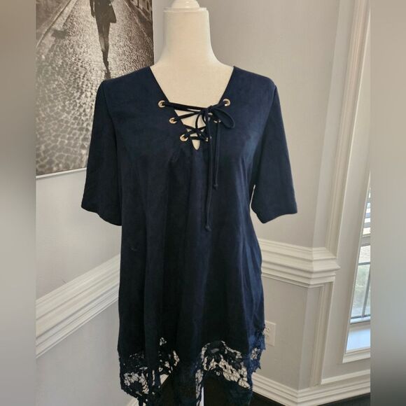 Muche Et Muchette Womens Embroider Trim Lace Up Neck Dress blue size S/M - Picture 5 of 9